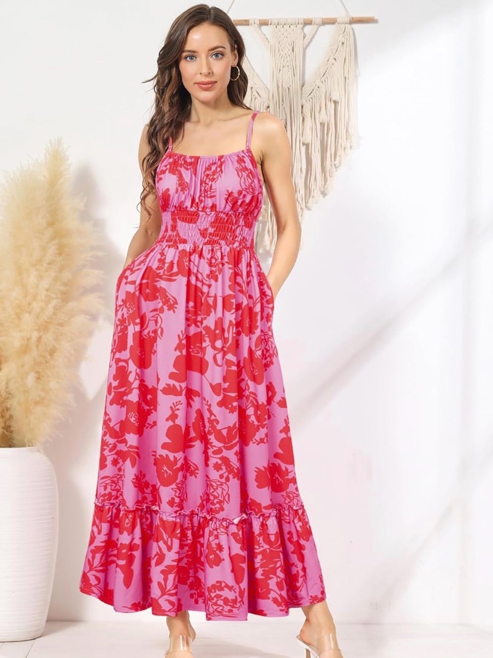 Grace Karin Pink & Red Floral Maxi Sundress with Smocked Bodice